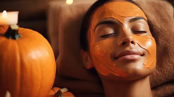 Une femme qui à un masque de beauté à la citrouille.
