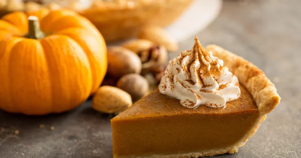 Pointe de tarte à la citrouille garnie de crème fouettée et de cannelle en poudre. Puis, à l'arrière, il y a une citrouille et d'autres aliments.