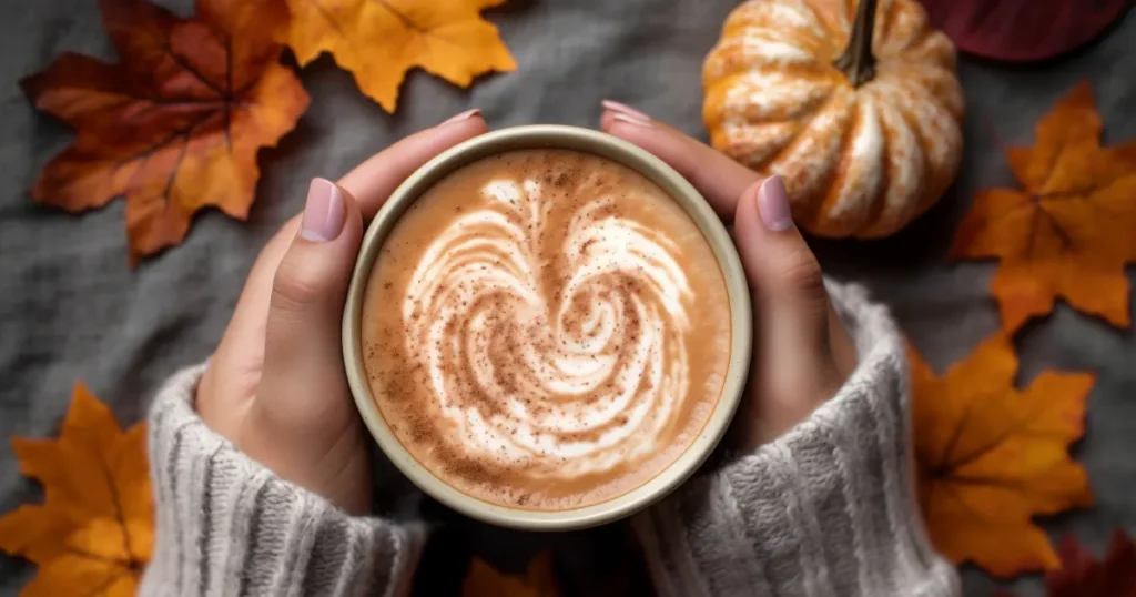 Une tasse de cappuccino vue d'en-haut, tenue entre deux mains manucurées. Derrière se retrouvent des feuilles oranges et une citrouille.