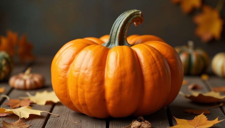 Citrouille orange sur des planches de bois, entourée de feuilles et de petites citrouilles flouées en arrière-plan.