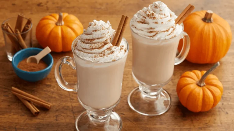 Deux lattés à la citrouille garnis de crème fouettée, saupoudrés de cannelle avec chacun un bâton de cannelle au-dessus. Autour, on retrouve trois citrouilles, des bâtons de cannelle et de la poudre de cannelle dans un bol bleu.