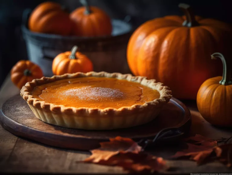 Tarte à la citrouille sur un plateau circulaire en bois. En arrière-plan, avec un éclairage sombre, se trouve une grosse citrouille avec cinq petites, dont deux dans un bol au fond. Au premier plan, en flou également, se retrouvent des feuilles rougeâtres.